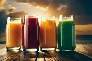 four glasses of juice on a wooden table. AI-Generated photo