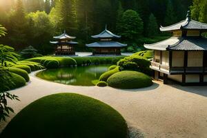 japonés jardín con pagoda y estanque. generado por ai foto