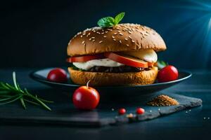 a hamburger with tomatoes and cheese on a black plate. AI-Generated photo