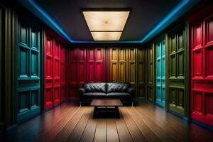 a room with a black leather couch and colorful doors. AI-Generated photo