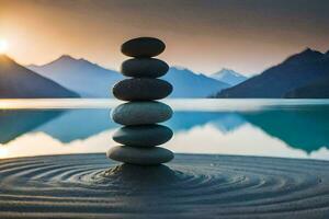 a stack of stones in front of a lake and mountains. AI-Generated photo