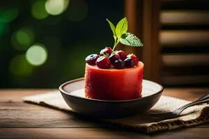 a dessert with berries and mint on a wooden table. AI-Generated photo