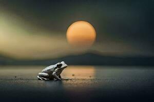 a frog sitting on the ground in front of a sunset. AI-Generated photo