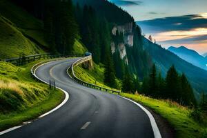 un devanado la carretera en el montañas con un puesta de sol. generado por ai foto