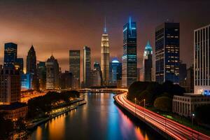 the chicago skyline at night with lights on. AI-Generated photo