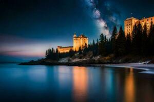 el lechoso camino terminado el castillo en el noche. generado por ai foto