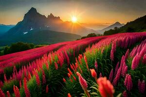 the sun rises over a field of pink flowers. AI-Generated photo