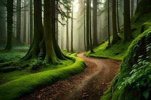 un camino mediante un verde bosque con cubierto de musgo arboles generado por ai foto