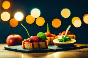 food on a wooden table with lights in the background. AI-Generated photo