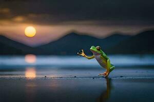 a frog standing on its hind legs on the beach at sunset. AI-Generated photo
