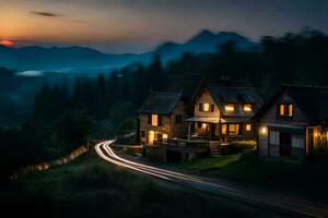 foto fondo de pantalla el cielo, montañas, camino, casa, luz, el sol, el camino,. generado por ai