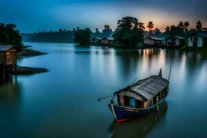 a boat sits on the water near a small village. AI-Generated photo