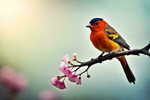 un vistoso pájaro se sienta en un rama con rosado flores generado por ai foto