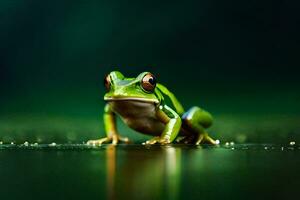 a frog sitting on the ground with a green background. AI-Generated photo