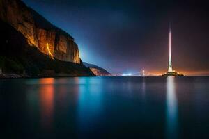 el faro en el distancia a noche. generado por ai foto