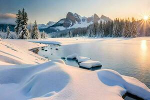 nieve cubierto rocas en un lago a puesta de sol. generado por ai foto