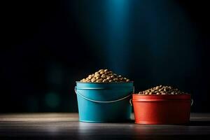 dos cubos de comida en un mesa. generado por ai foto