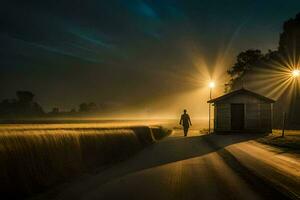 a man walks down a road at night with a light shining on the barn. AI-Generated photo