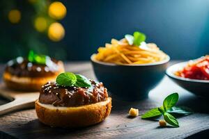 pequeño emparedados con carne y vegetales en un de madera mesa. generado por ai foto