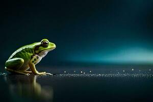 a frog sitting on the ground with a dark background. AI-Generated photo