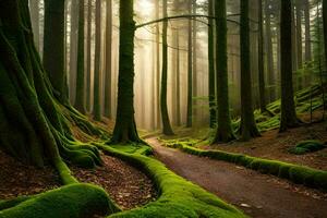 un camino mediante un bosque con cubierto de musgo arboles generado por ai foto