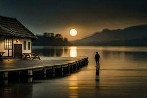 un hombre soportes en un muelle mirando a el Luna. generado por ai foto