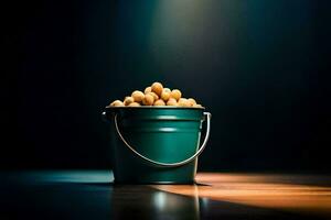 a bucket filled with peanuts on a table. AI-Generated photo