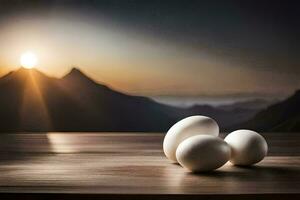 three eggs on a table with mountains in the background. AI-Generated photo