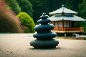 a stack of rocks in front of a pagoda. AI-Generated photo