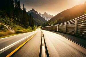 a car driving on a highway with mountains in the background. AI-Generated photo