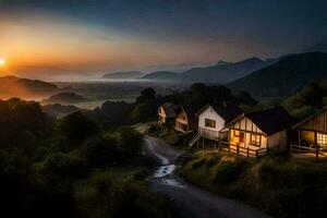 a beautiful sunset over a mountain village. AI-Generated photo