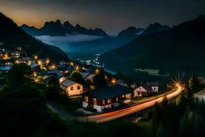 un pueblo en el montañas a noche. generado por ai foto