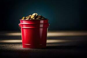 a red bucket filled with coins on a dark background. AI-Generated photo