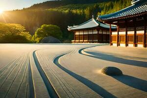 a japanese temple with a stone path in the sand. AI-Generated photo