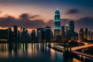 el ciudad horizonte a oscuridad con un largo exposición. generado por ai foto