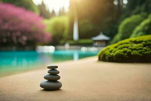 zen garden, japanese stone balancing, japanese garden stock photos and pictures. AI-Generated