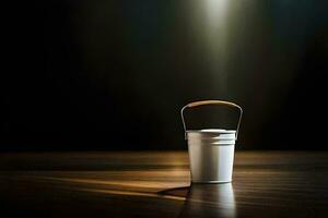 a white bucket sitting on a wooden floor. AI-Generated photo