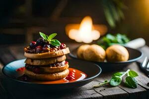 a stack of pancakes with berries and sauce on a plate. AI-Generated photo