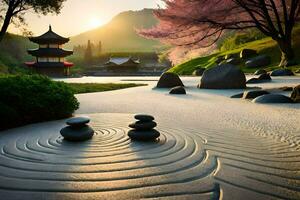 a japanese garden with stones and a pagoda. AI-Generated photo