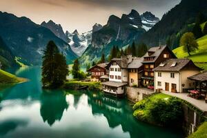 a beautiful lake and mountain village in the alps. AI-Generated photo