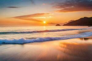 puesta de sol en el playa, ondas, montañas, y océano. generado por ai foto