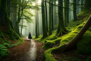a person walking through a forest with mossy trees. AI-Generated photo