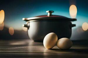 two eggs sit next to a pot on a table. AI-Generated photo