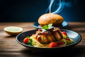a plate with a scallop on top of spaghetti. AI-Generated photo