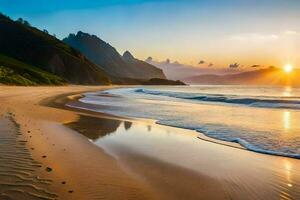 the sun sets on the beach in the background. AI-Generated photo