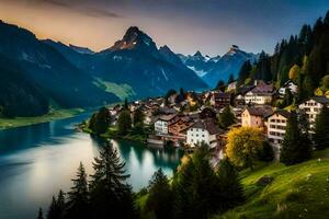 the village of switzerland is surrounded by mountains. AI-Generated photo