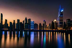 el ciudad horizonte a noche en Dubái generado por ai foto