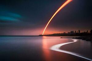 a rocket is seen in the sky as it streaks across the ocean. AI-Generated photo