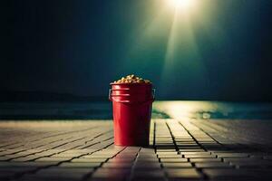 a bucket of popcorn on the beach at night. AI-Generated photo