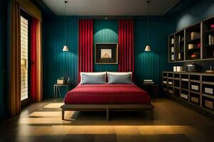 a bedroom with blue walls and red curtains. AI-Generated photo